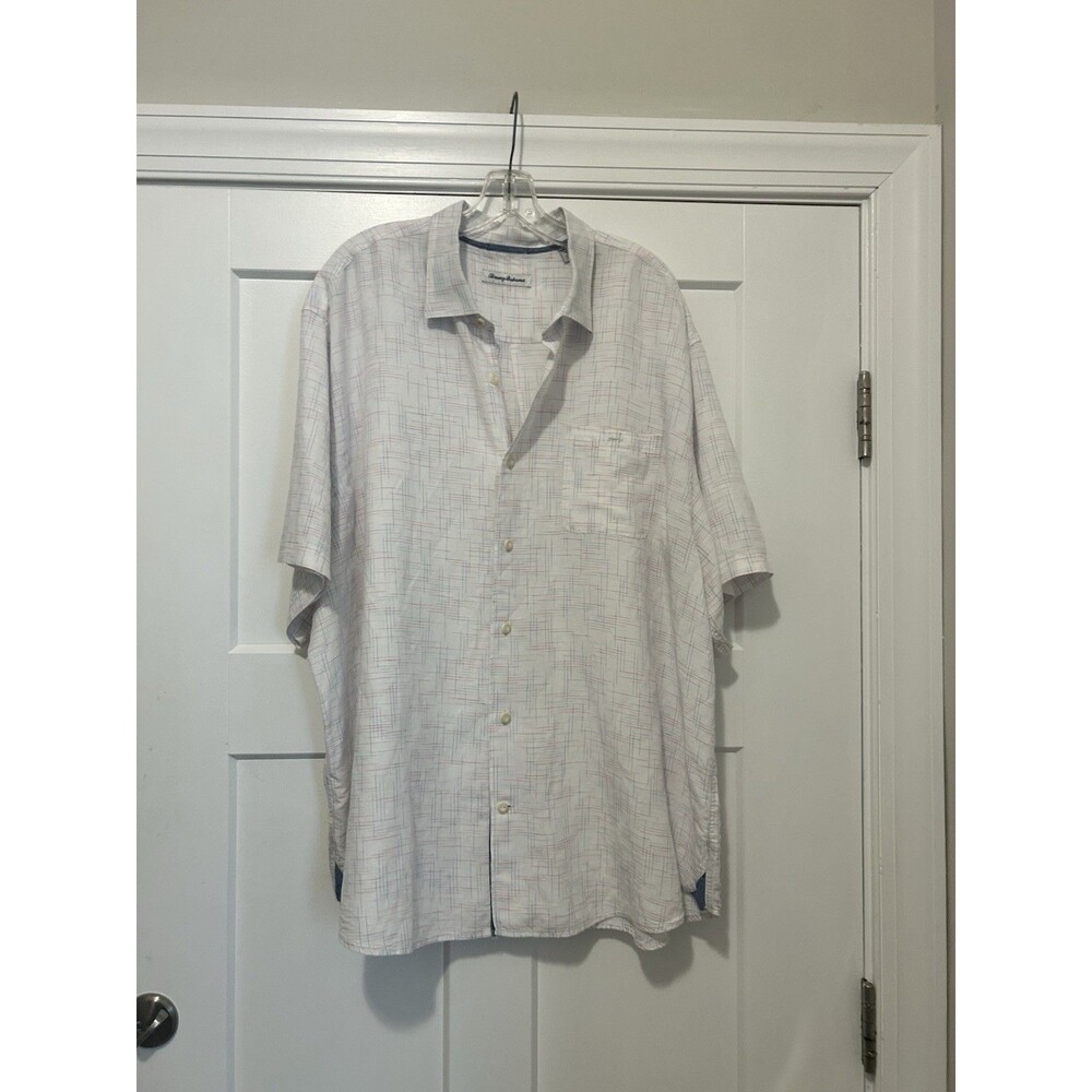 Tommy Bahama Shirt Men Size 2X 100% Linen Button Up Red White Blue Short Sleeve